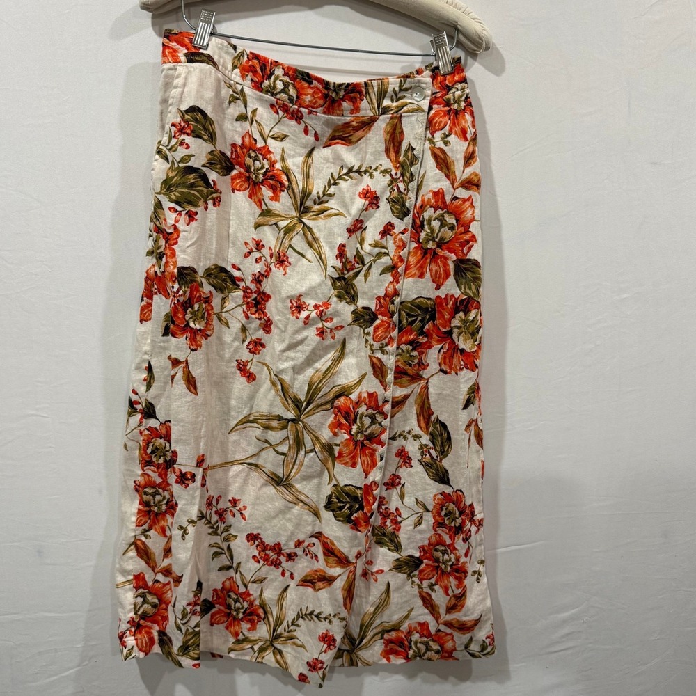 Joie Womens Large Floral 100% Linen Wrap‎ Midi Skirt Orange Cream Scallop Trim